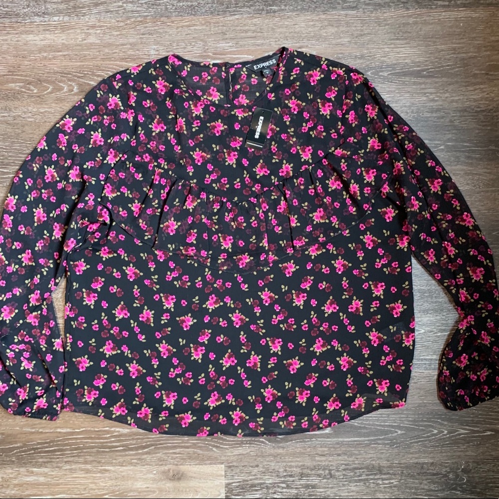Express Sheer Black Top with Pink Flowers NWT - L